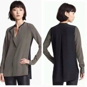 Vince Two-Tone Olive Green and Black Long-Sleeve Blouse